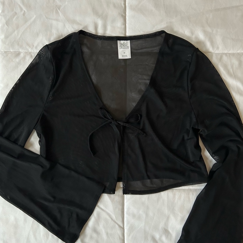 Wild Fable Black Sheer Long Sleeve Tie Front Swim Cover Up Top